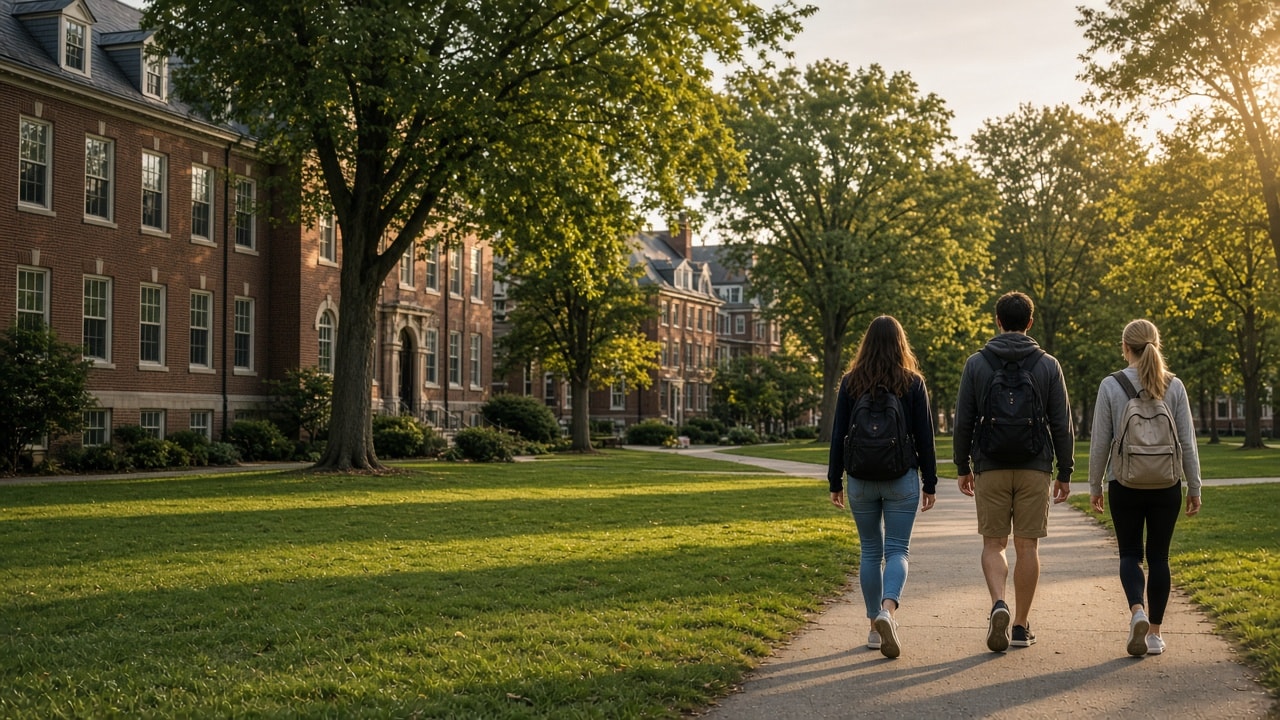 Students walking away across a campus quad, with the academic building on the left.
