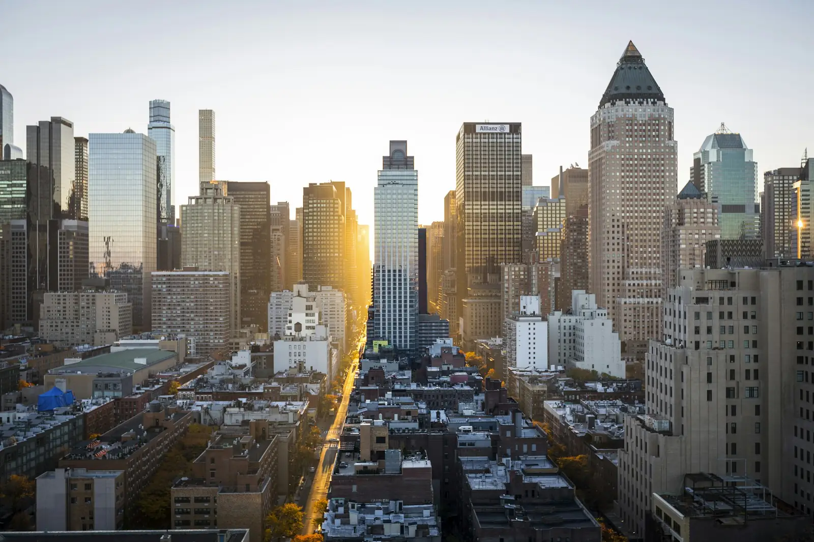 A city skyline at dusk.